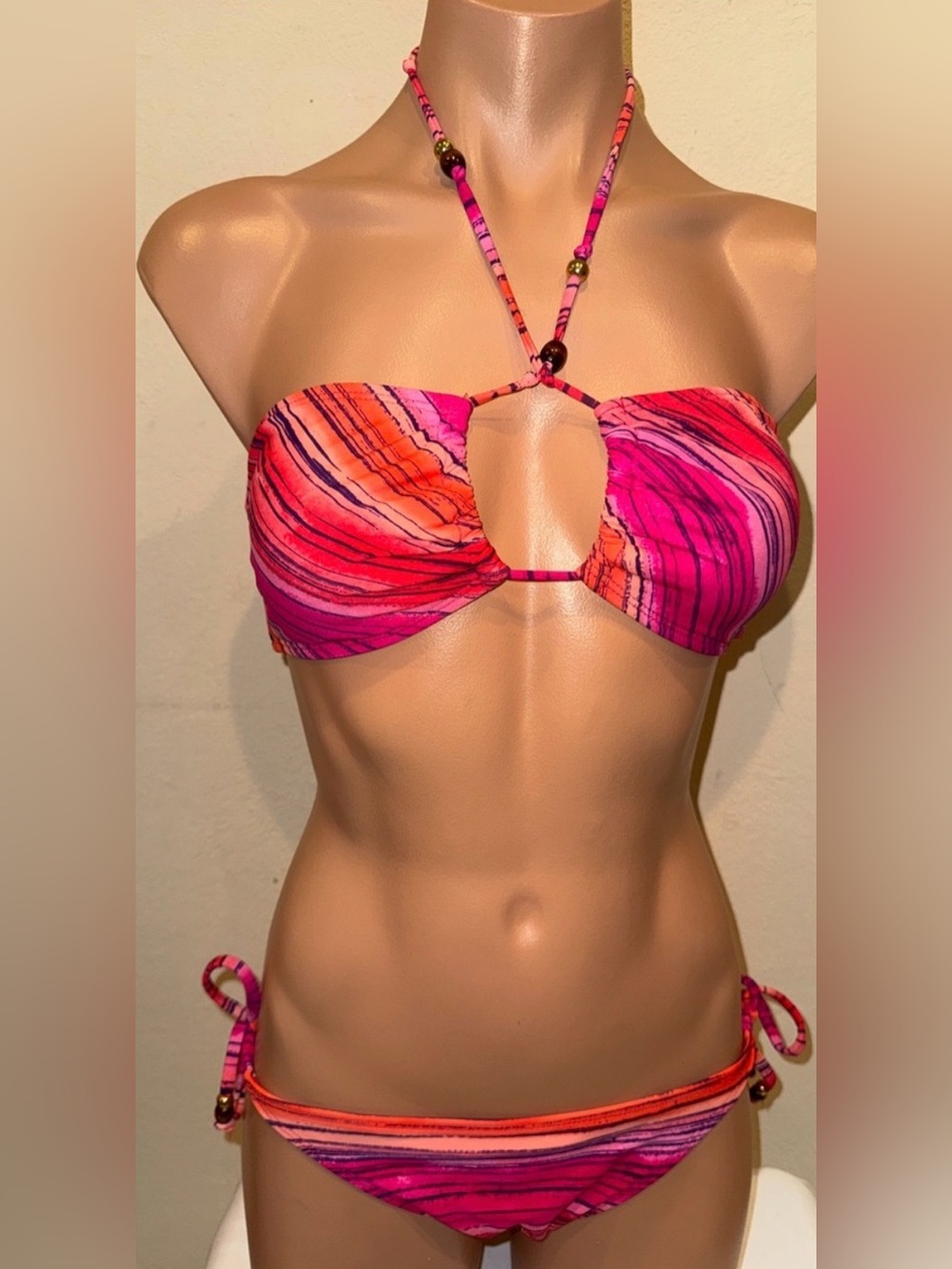 Reef Pink & Orange Striped Bandeau Bikini Set